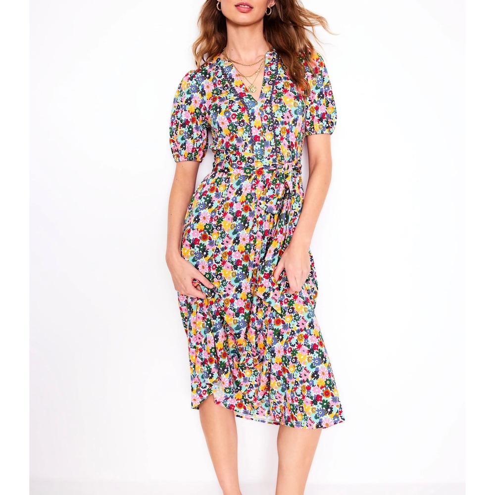 BODEN Sofia Trim Jersey Midi Dress Multicolor Floral Print w/ Pockets D1035 NWOT